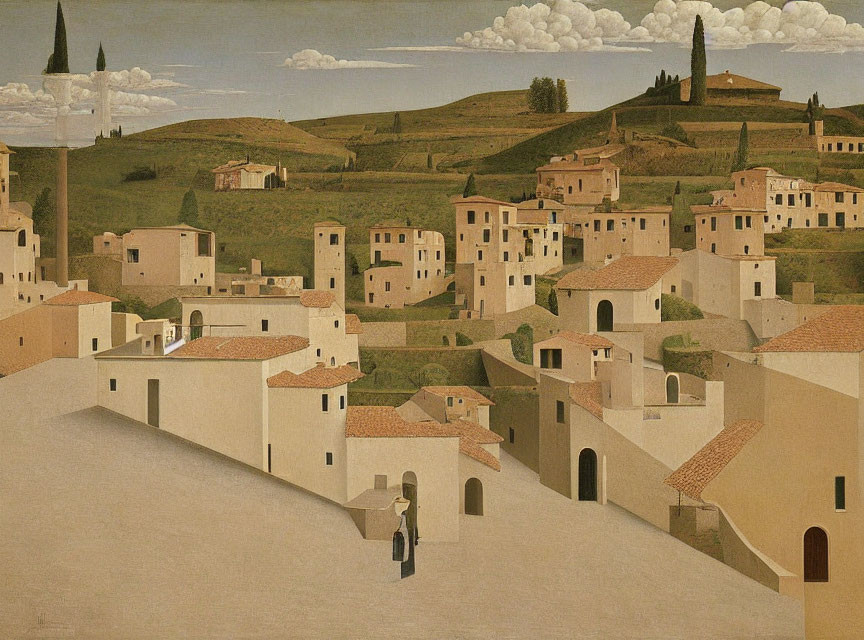 Tranquil Italian town painting with rolling hills and lone figure