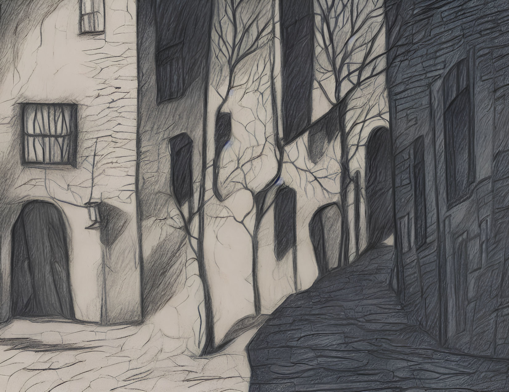 Urban alley with tall buildings, bare trees, and intricate shadows