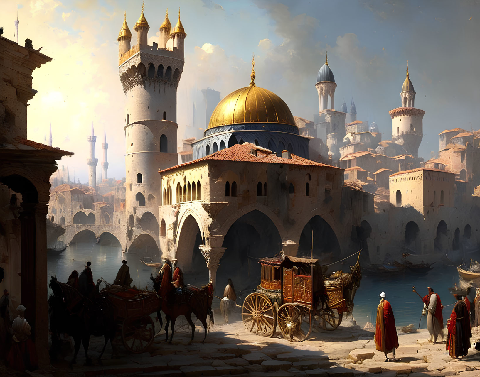 Fantasy cityscape with towering spires, domed structure, bridges, canal, boats, figures