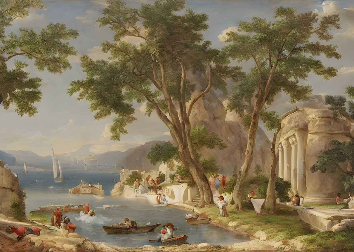 19th-Century Classical Landscape with Figures, Water, Boats, Ruins, and Trees