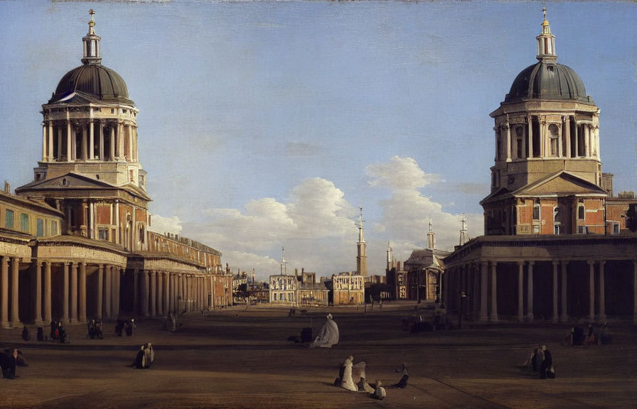 Classical painting of a spacious square with domed buildings and people in period clothing.