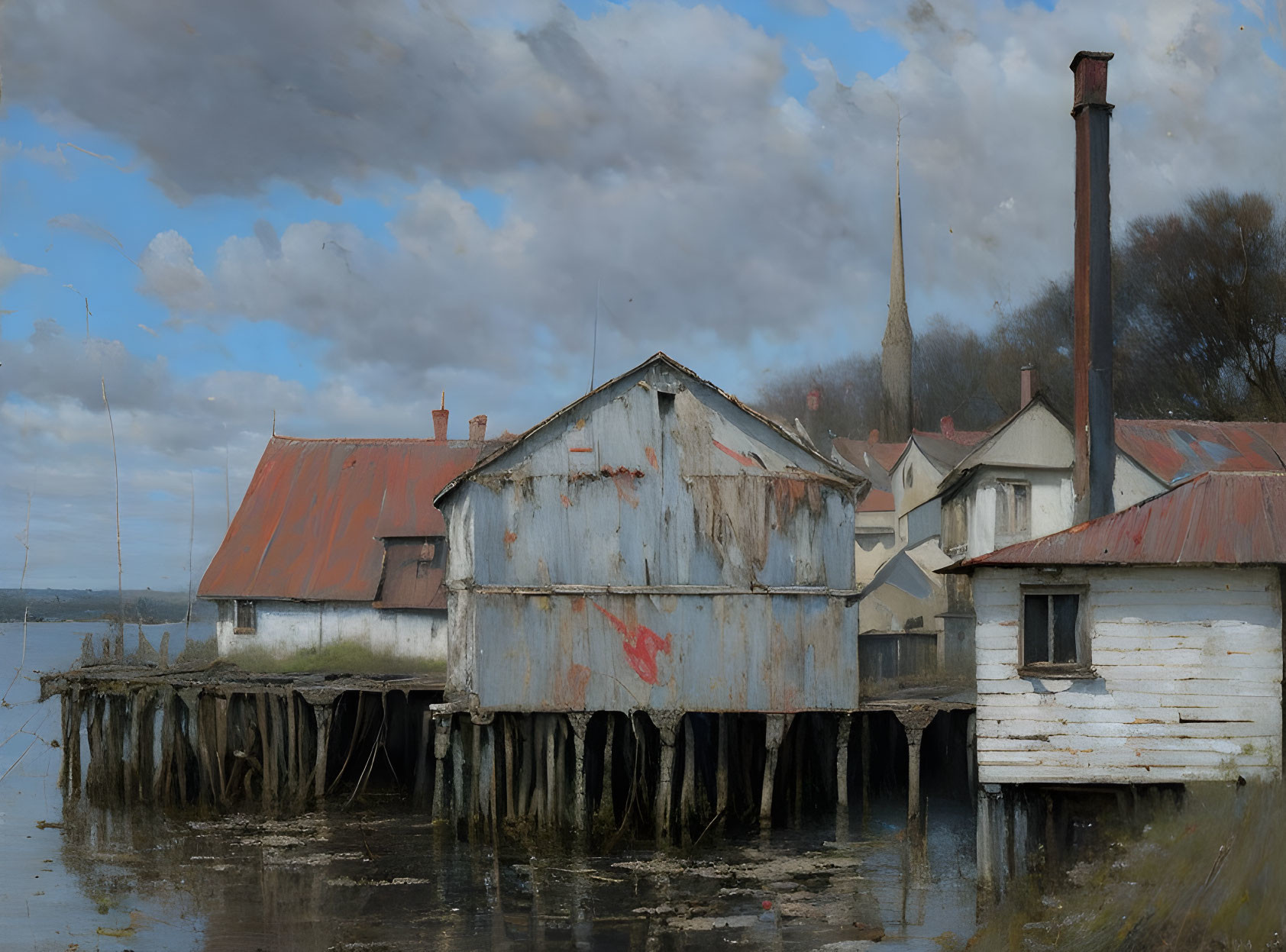 Weathered waterfront buildings under cloudy sky by calm water, distant church spire.