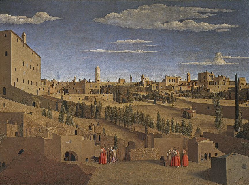 Detailed Renaissance cityscape with figures in robes and period architecture