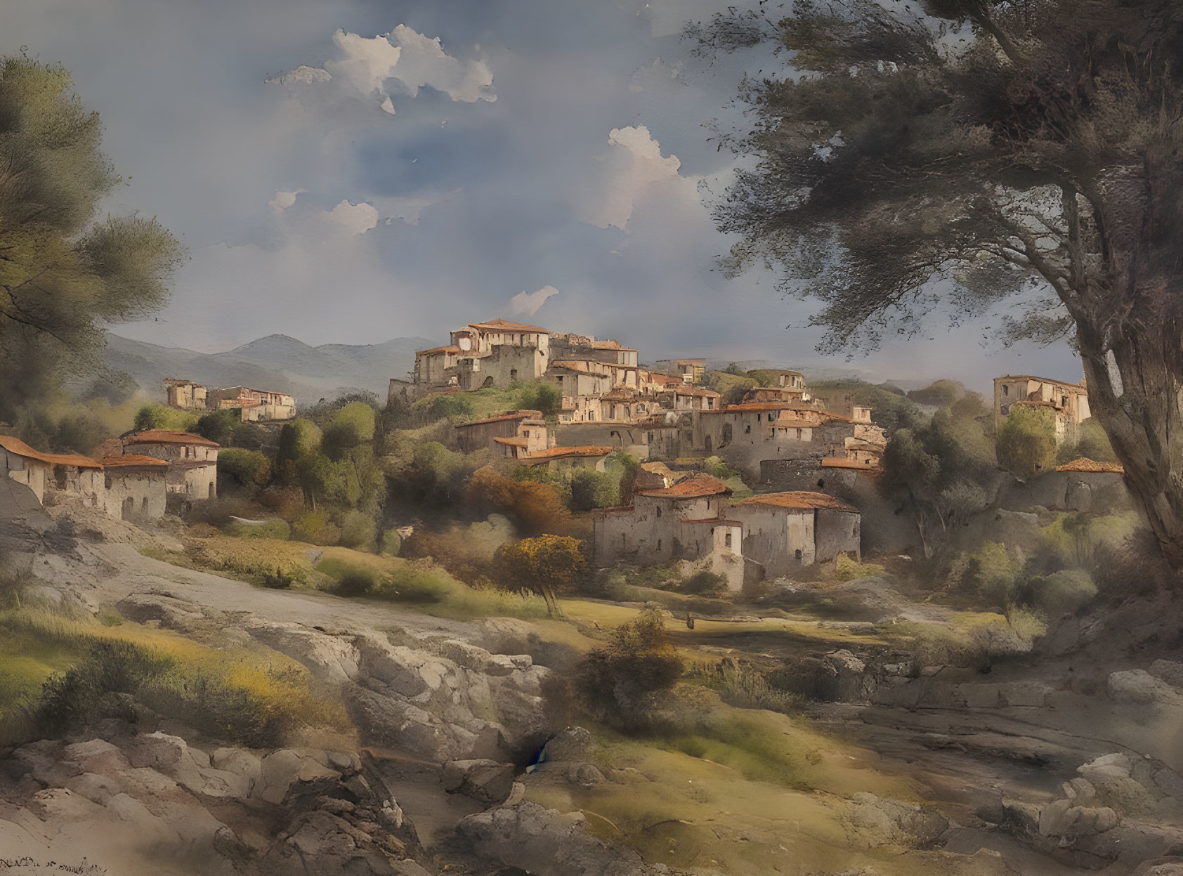 Old village painting: Stone houses on hill with tree, under cloudy sky