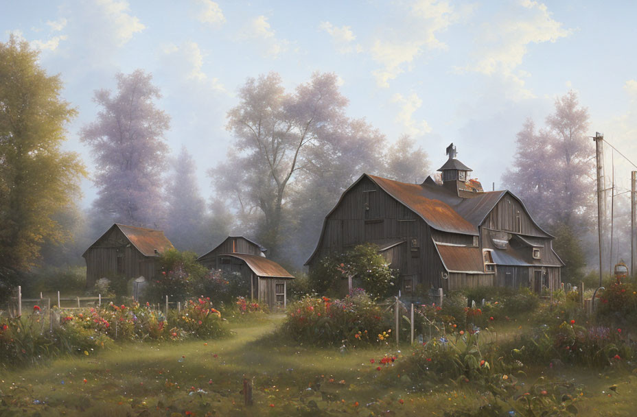 Scenic wooden barns in misty meadow setting