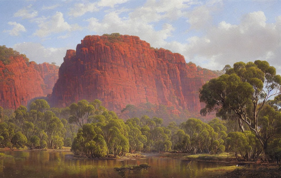 Scenic red rocky cliff by calm river and green foliage