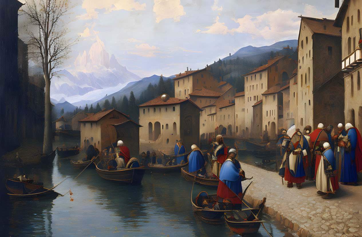 Historic canal scene: people in traditional attire loading boats amid mountains and classical architecture