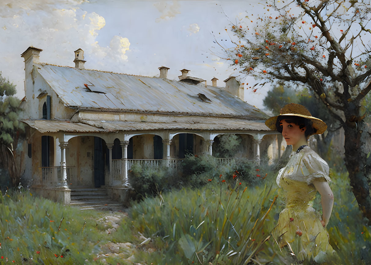 Victorian-era Woman in Yellow Dress Standing by Old House with Veranda