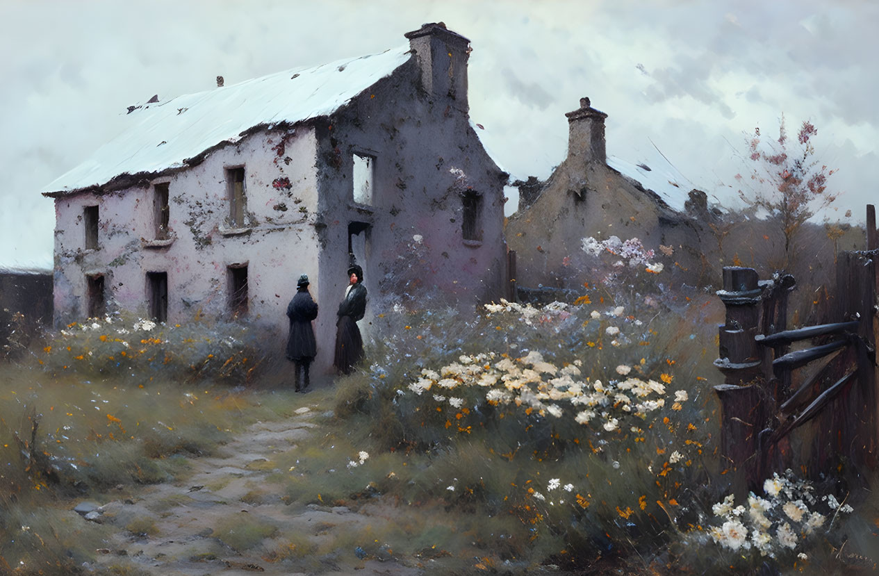 Two individuals in front of rundown buildings and wildflowers under a cloudy sky