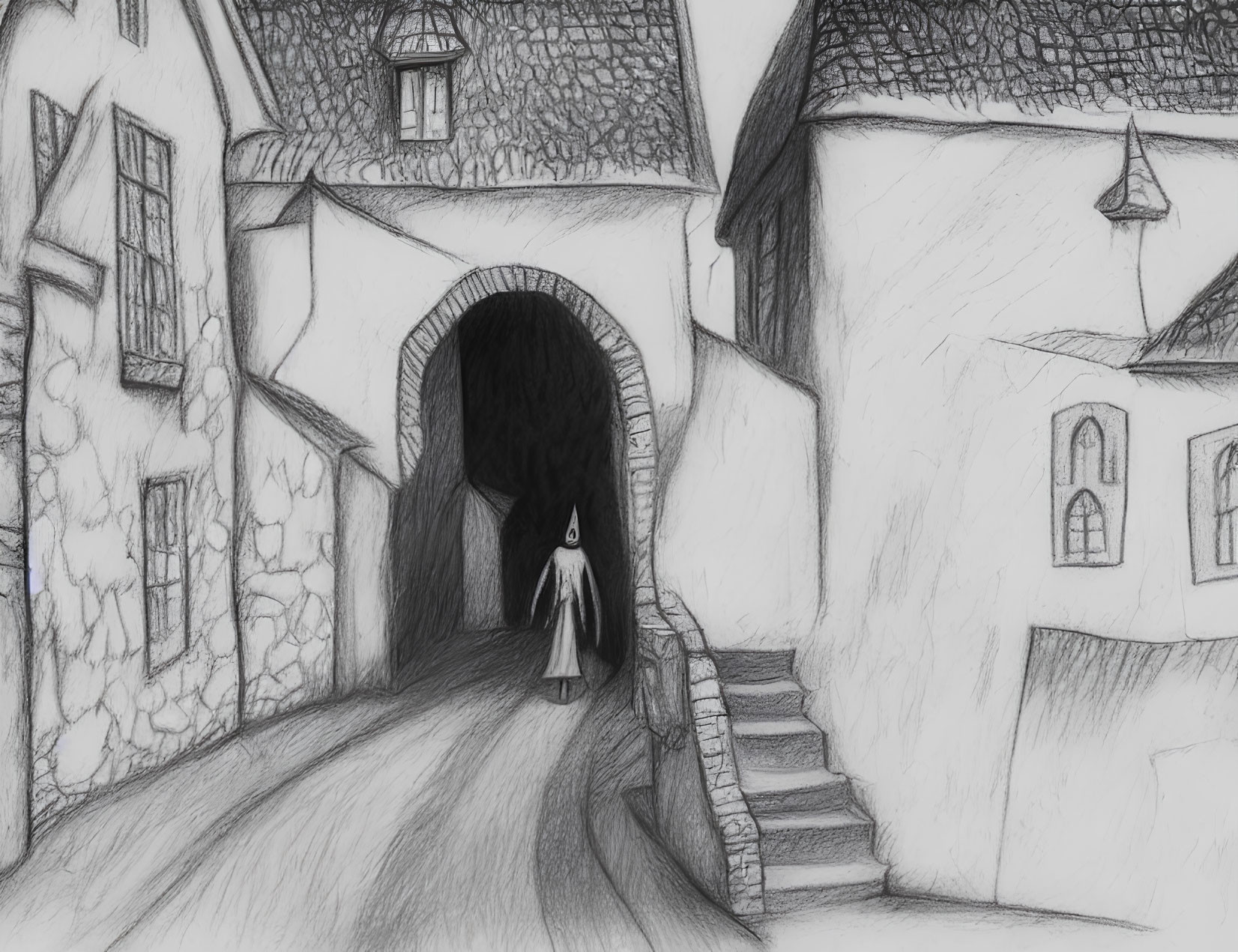 Cloaked figure walking through arched gateway in old stone village