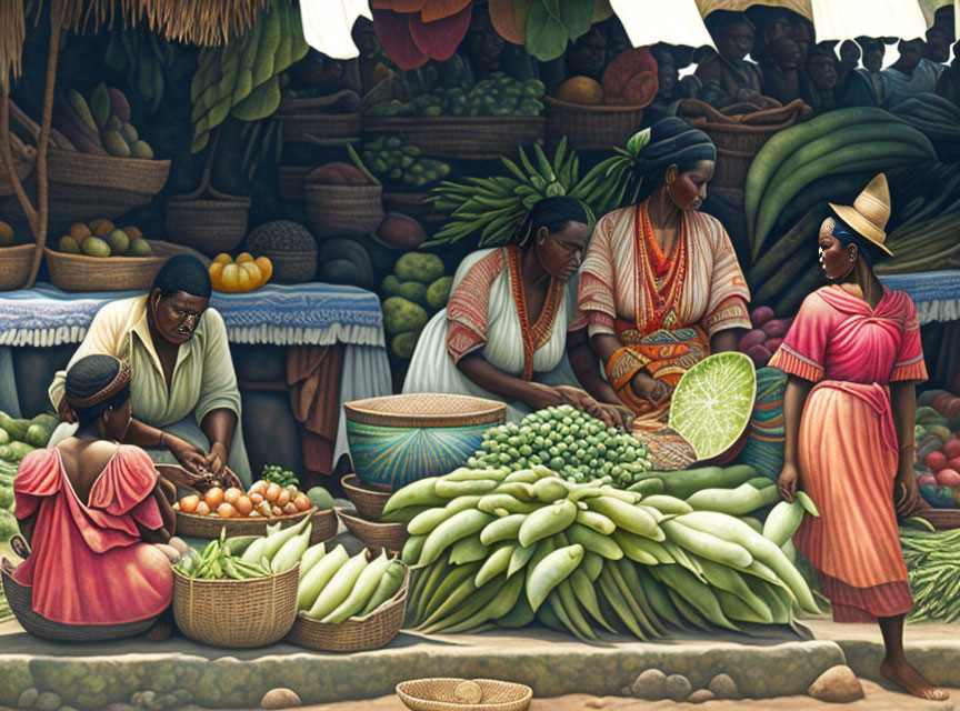 Vibrant Market Scene with Women in Traditional Attire and Fresh Produce