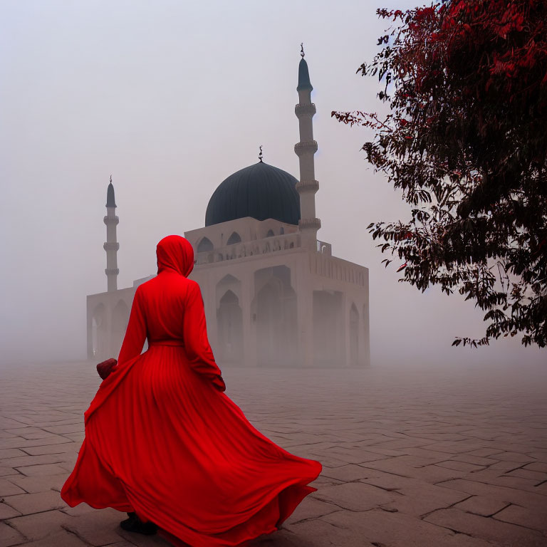 Person in red dress at misty mosque with green dome and minarets in foggy landscape