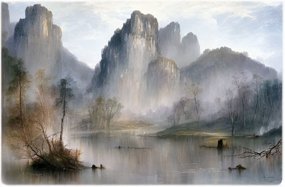 Misty mountain landscape with calm lake and reflections