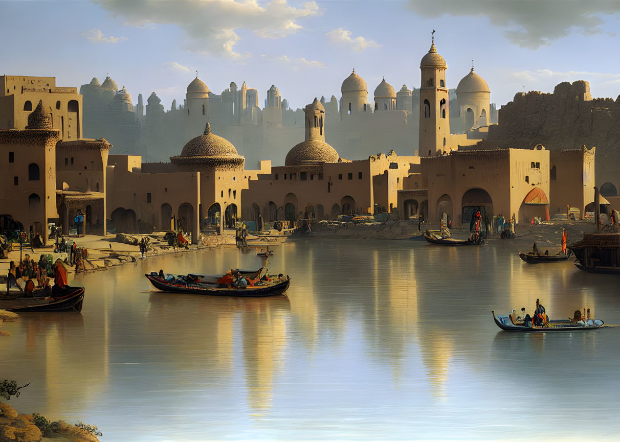 Golden sunlight illuminates serene river scene with boats and traditional buildings.