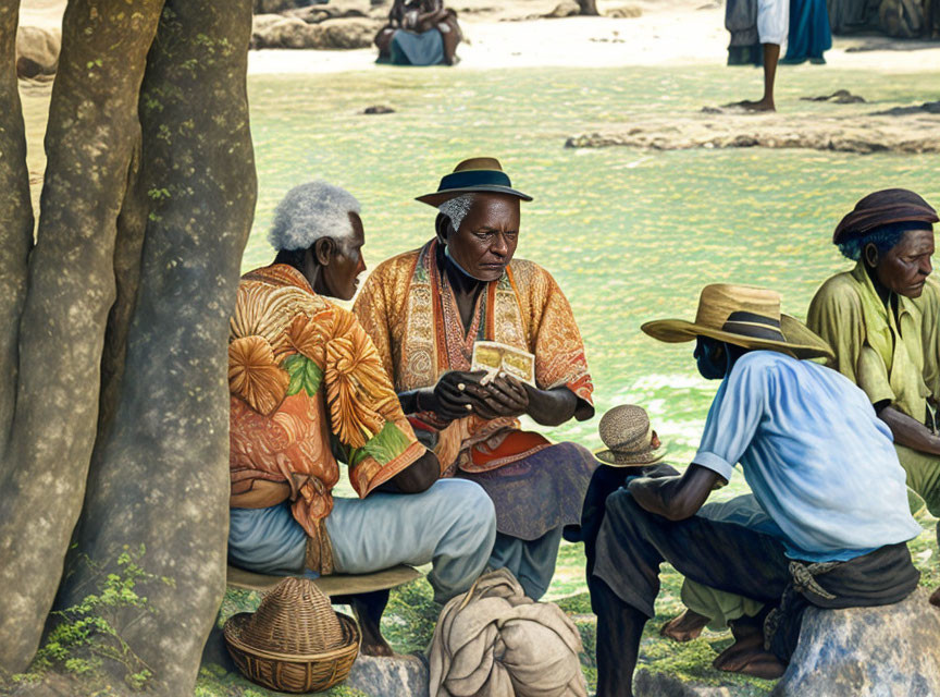 Elderly Men Playing Card Game Outdoors surrounded by Greenery