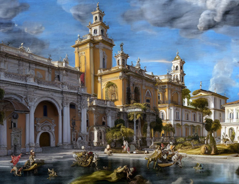 Baroque architecture with twin bell towers and sculptures beside a serene water body.