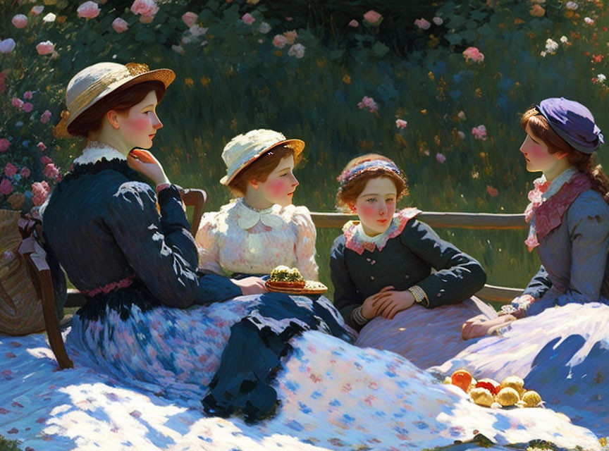 Four women in vintage attire conversing in blooming garden