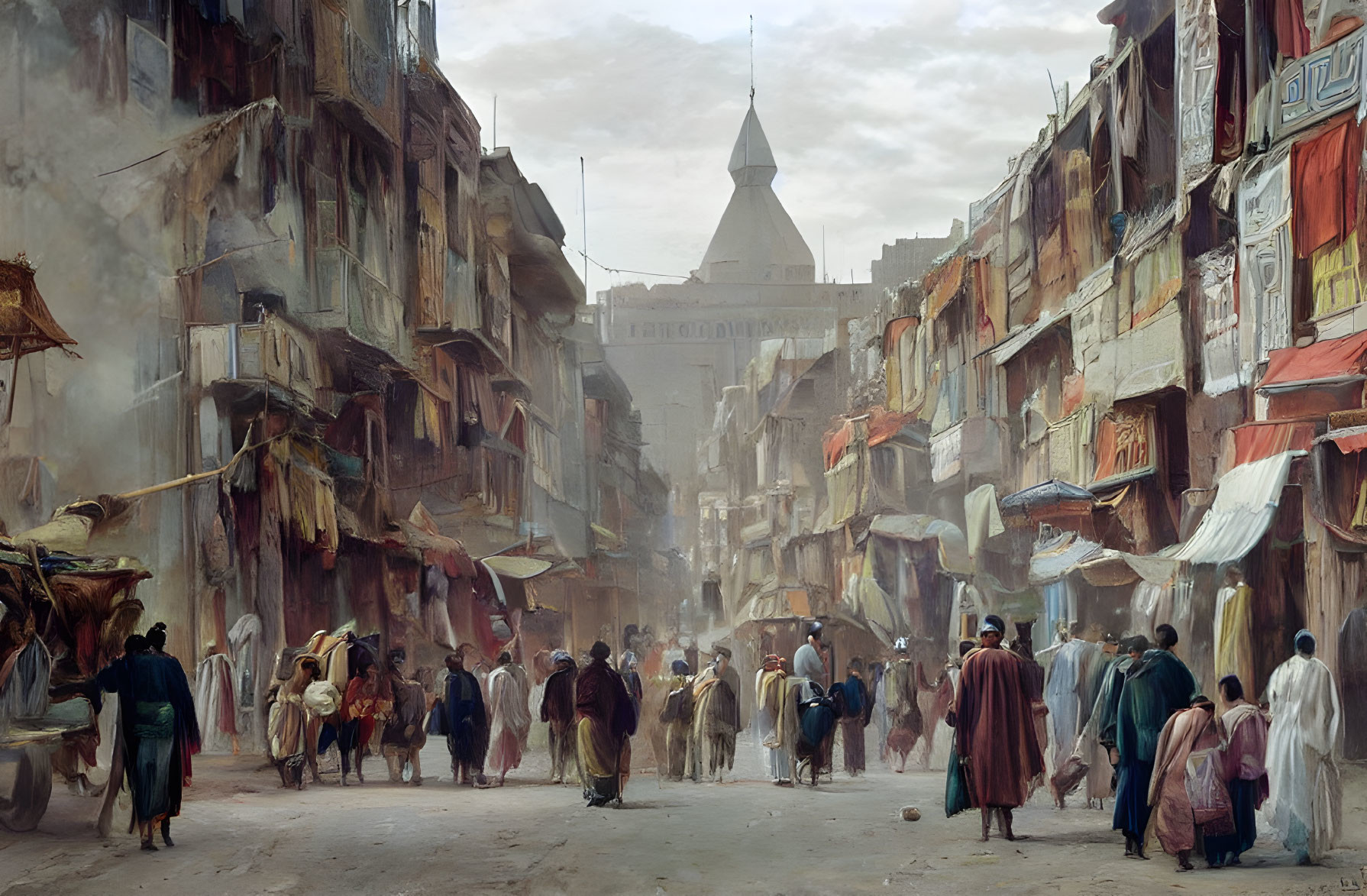 Historical Oriental street scene with traditional attire, Arabic script buildings, and towering spire.