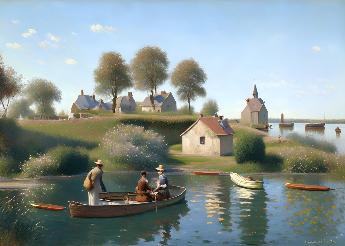 Tranquil river scene with boat, houses, church, and blue sky