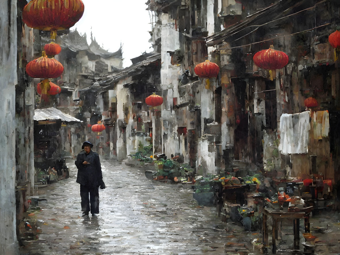 Person walking in rainy street with red lanterns and traditional buildings.