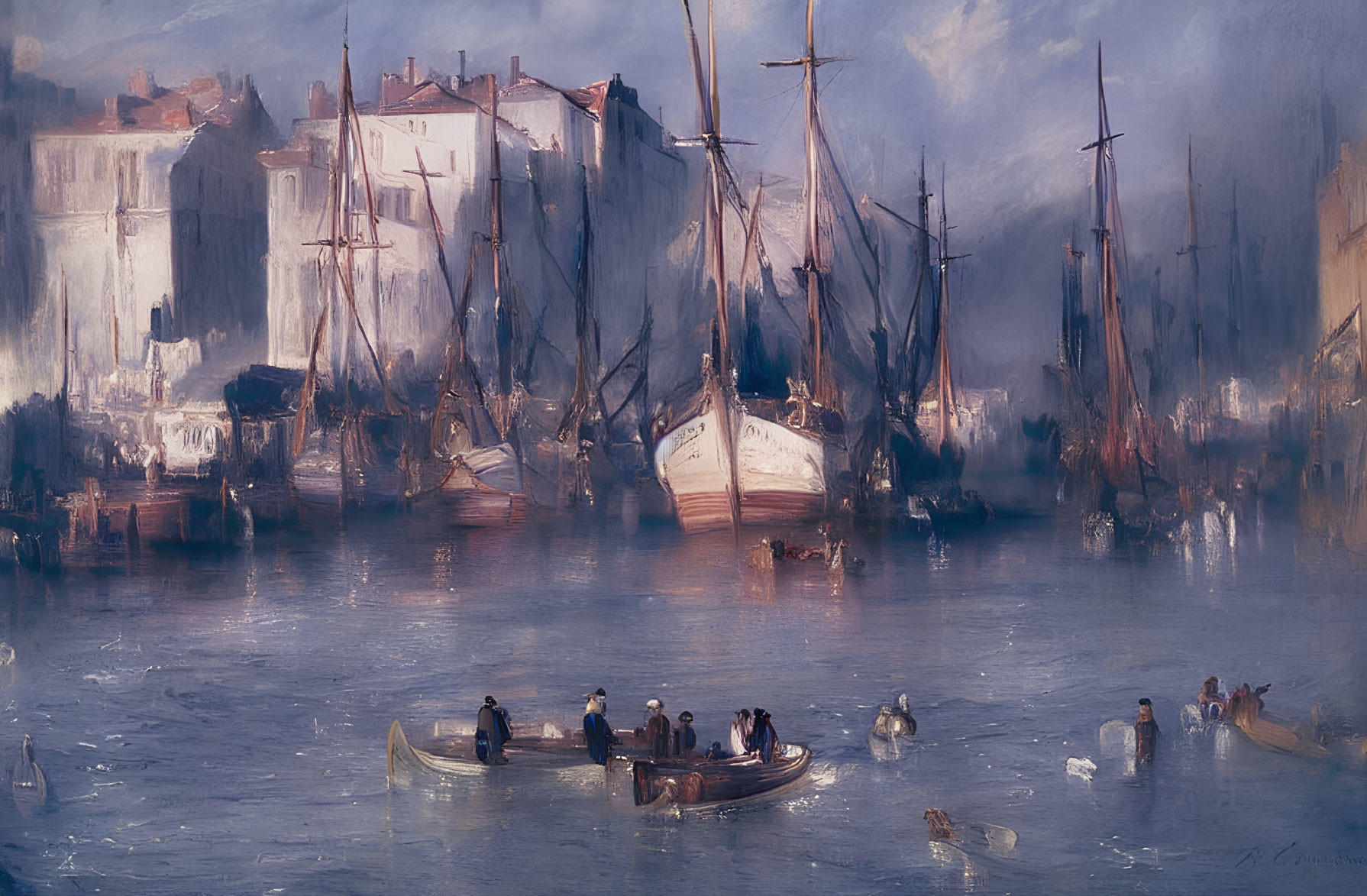 Harbor scene with boats, figures, reflections, soft light, sailboats, rowboats, and