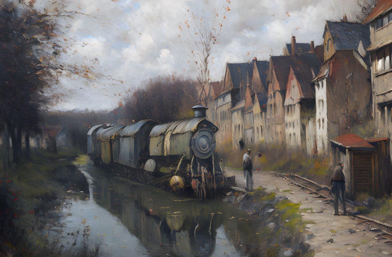 Abandoned train on overgrown tracks near river with autumn trees and vintage houses.