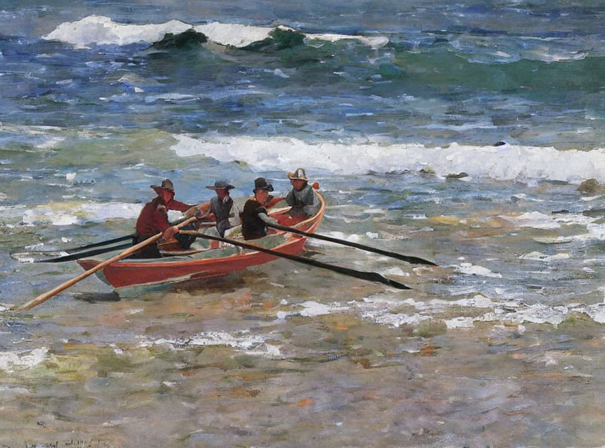 Vivid impressionist painting of four rowers in a red boat