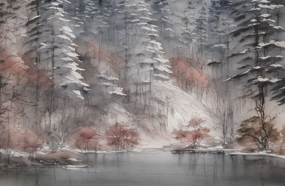 Winter forest watercolor painting with snow-covered trees and calm lake