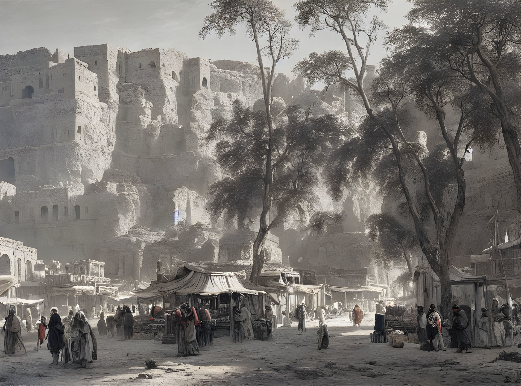 Ancient marketplace scene with ruins, people in period attire, and trees