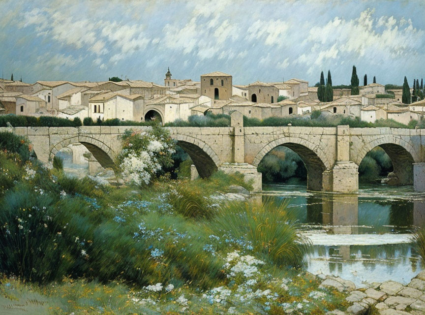 Tranquil painting of old stone bridge over calm river