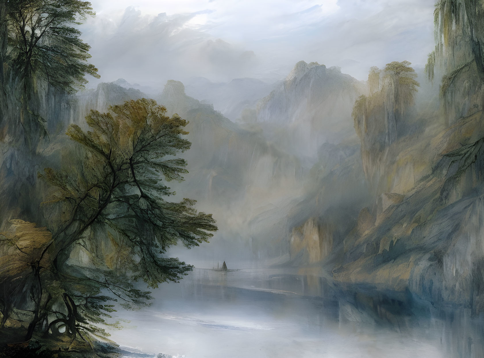 Serene lake in misty mountainous landscape with silhouetted figures