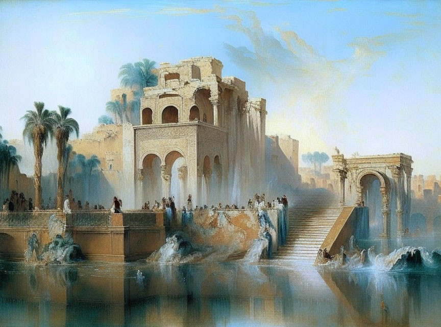 Ancient riverside scene with arched bridge, ruins, palm trees, and figures.