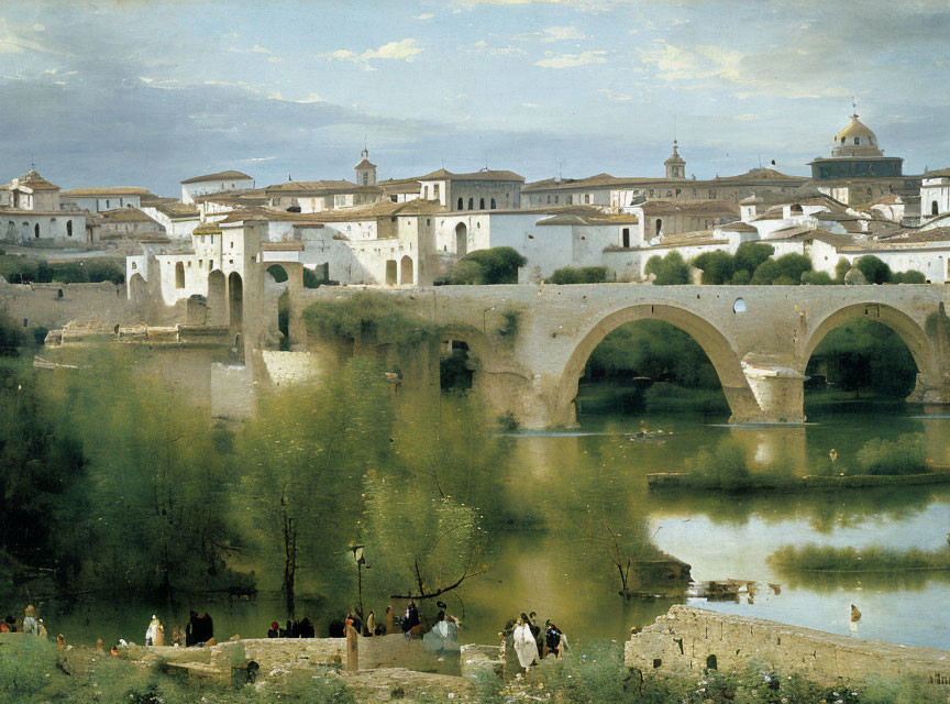 Historical painting of serene river scene with arched bridge and people near riverbank