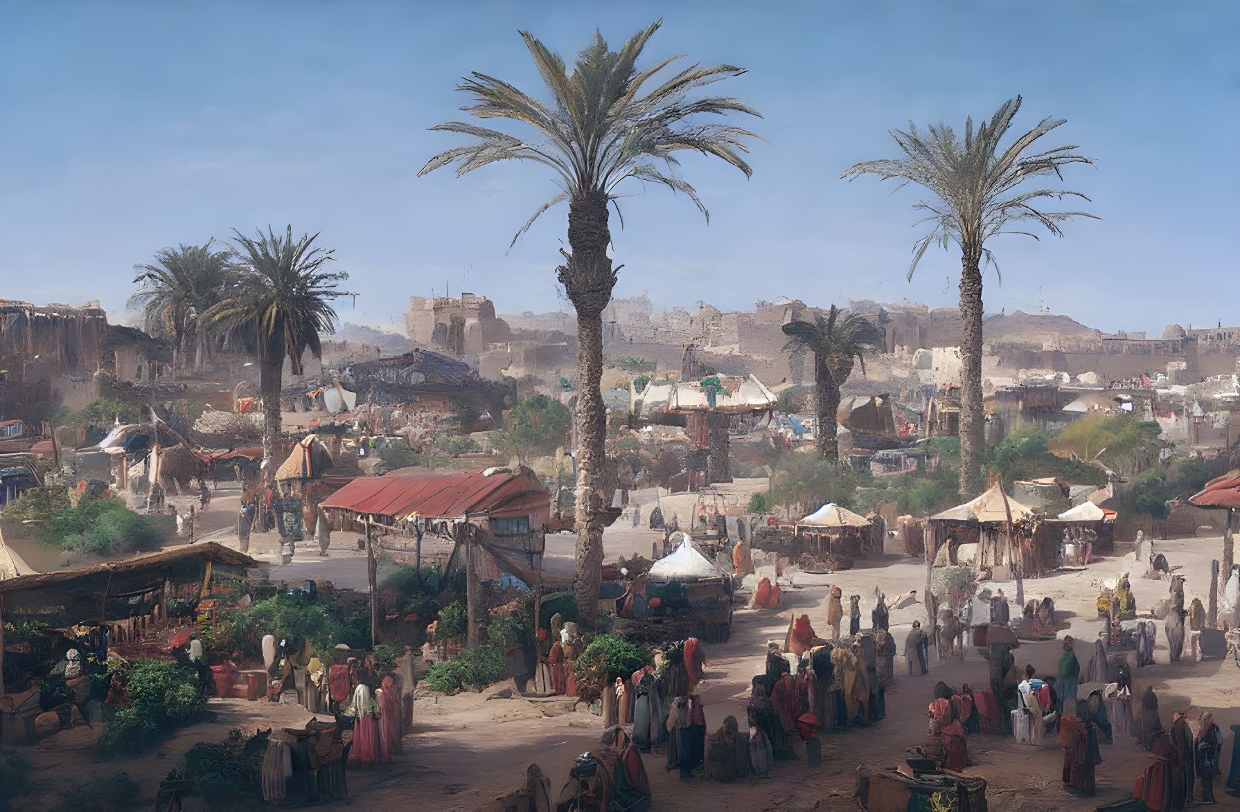 Detailed painting of bustling ancient Middle Eastern market scene