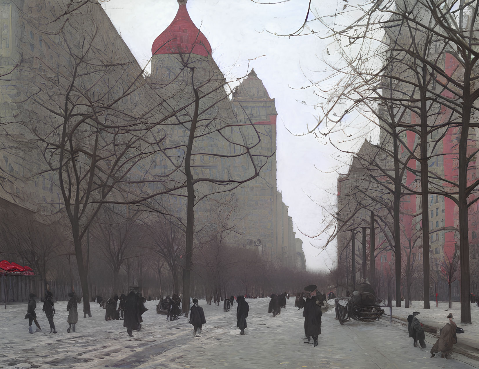 Pedestrians and Horse-Drawn Carriage in Misty Street Scene