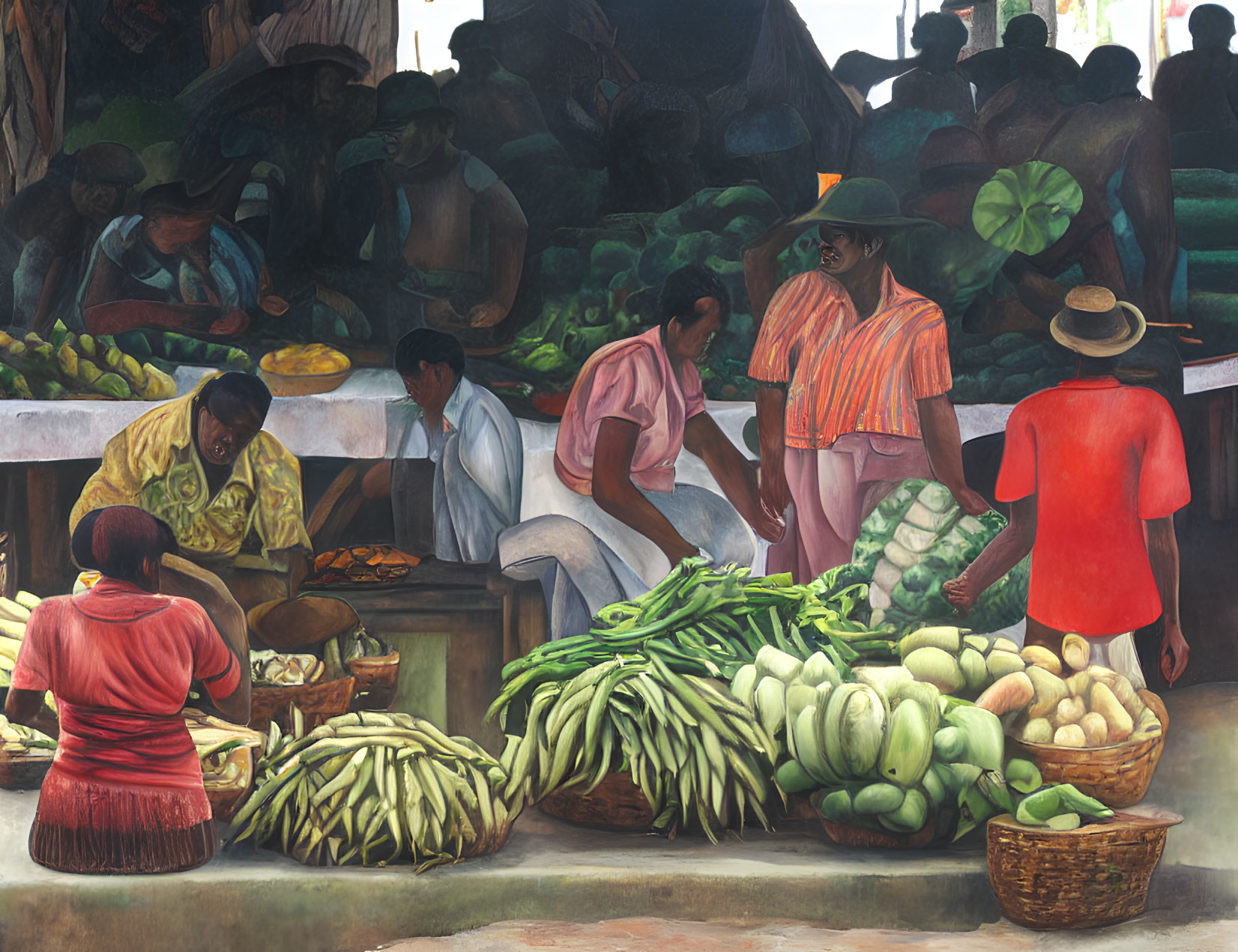 Busy marketplace with fresh produce vendors and shoppers.