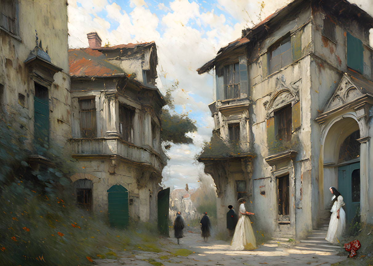 Rustic sunlit street scene with old buildings and people in period attire