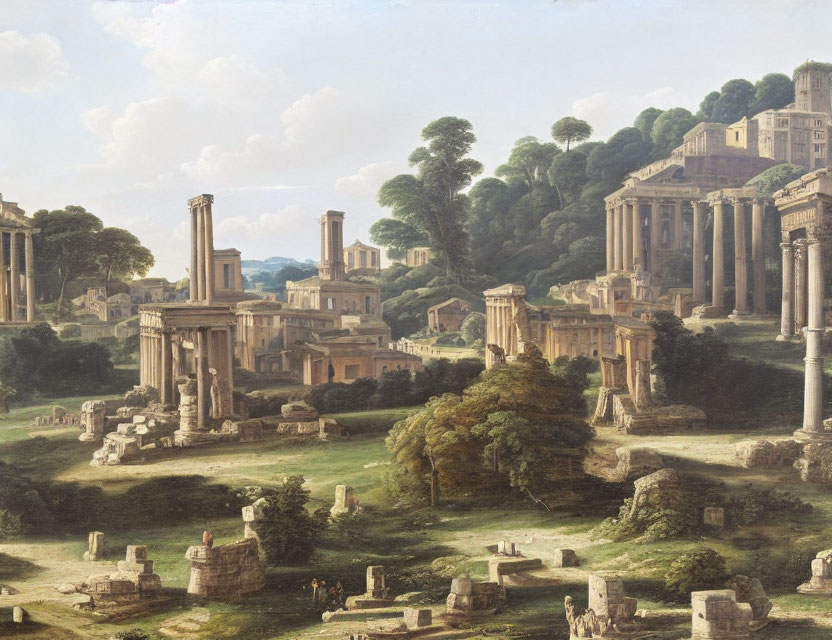 Classical painting of ancient ruins with greenery and people amid towering columns and temples