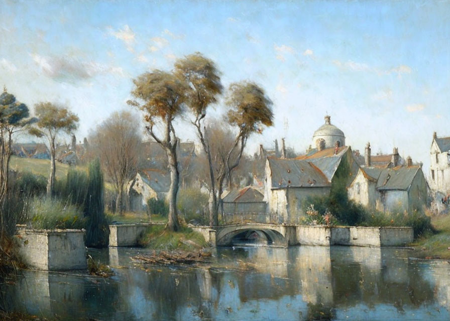 Tranquil river scene with stone bridge and European buildings