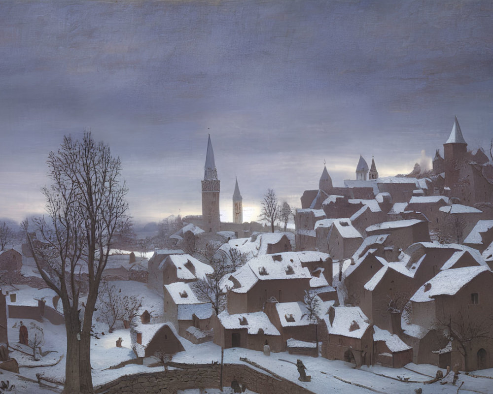 Medieval town covered in snow with spired buildings and townsfolk at dusk