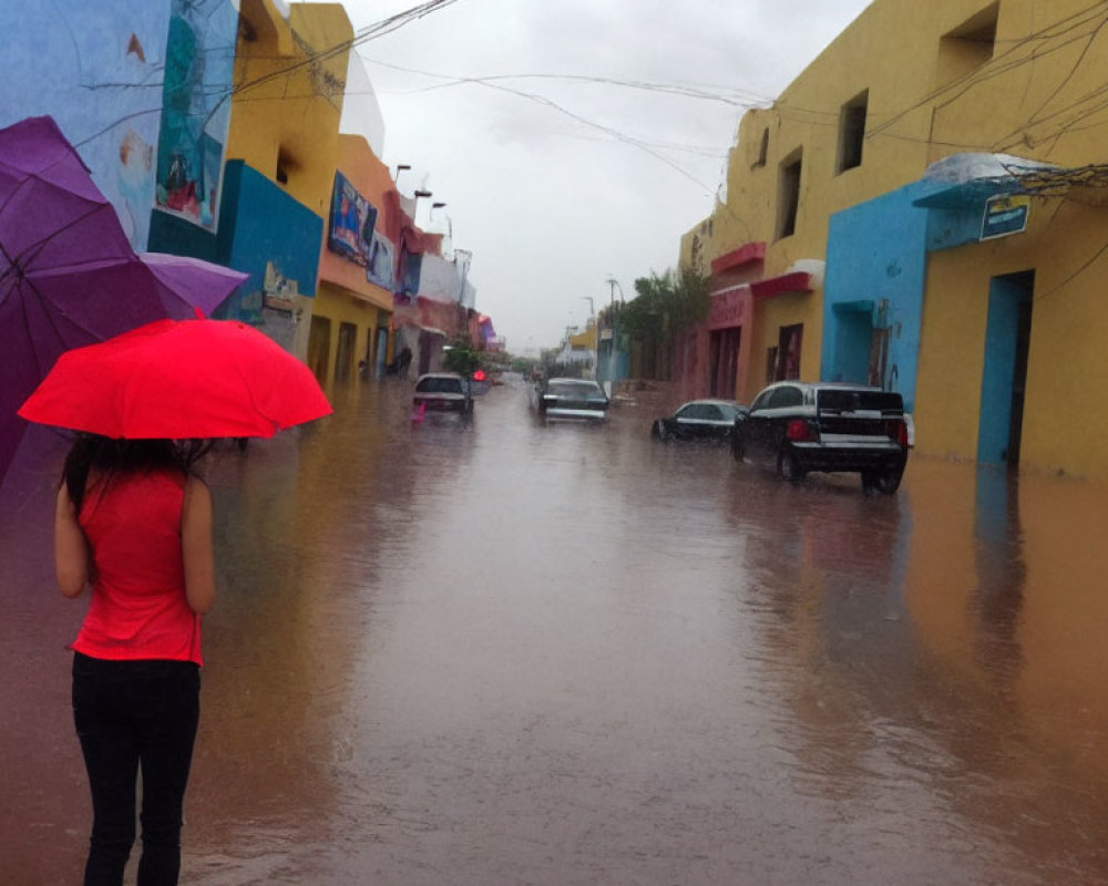 Red umbrella person on flooded street with colorful buildings under grey skies