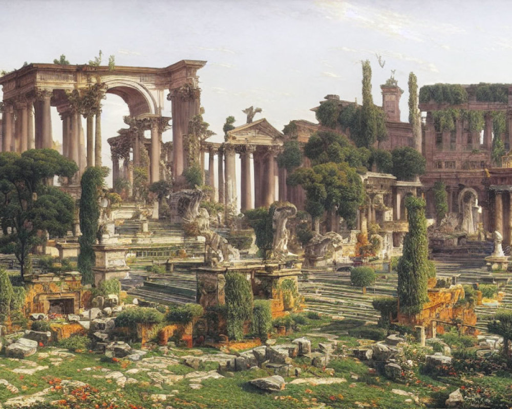 Roman ruins painting with grand columns, arches, and sculptures in lush garden setting