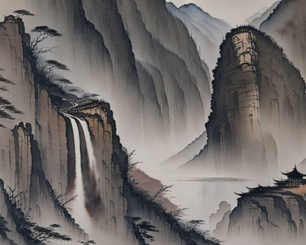 East Asian Ink Painting: Misty Mountains, Waterfall, Pagodas, Pine Trees