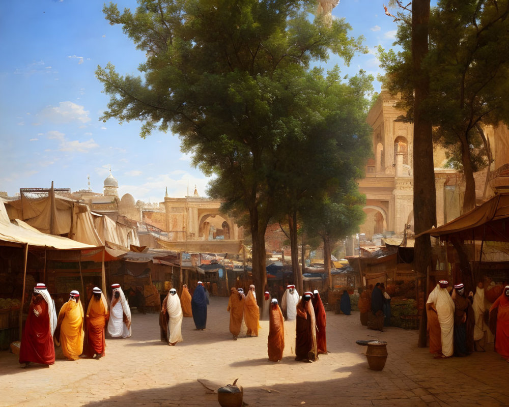 Traditional Market Scene with Cultural Attire and Stalls Under Sunny Sky