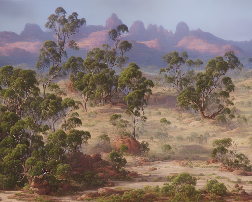 Tranquil Australian Outback with Silhouetted Mountains