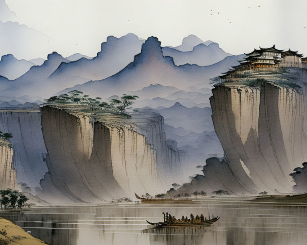 East Asian watercolor painting of towering cliffs, temple, river, trees, and boat.