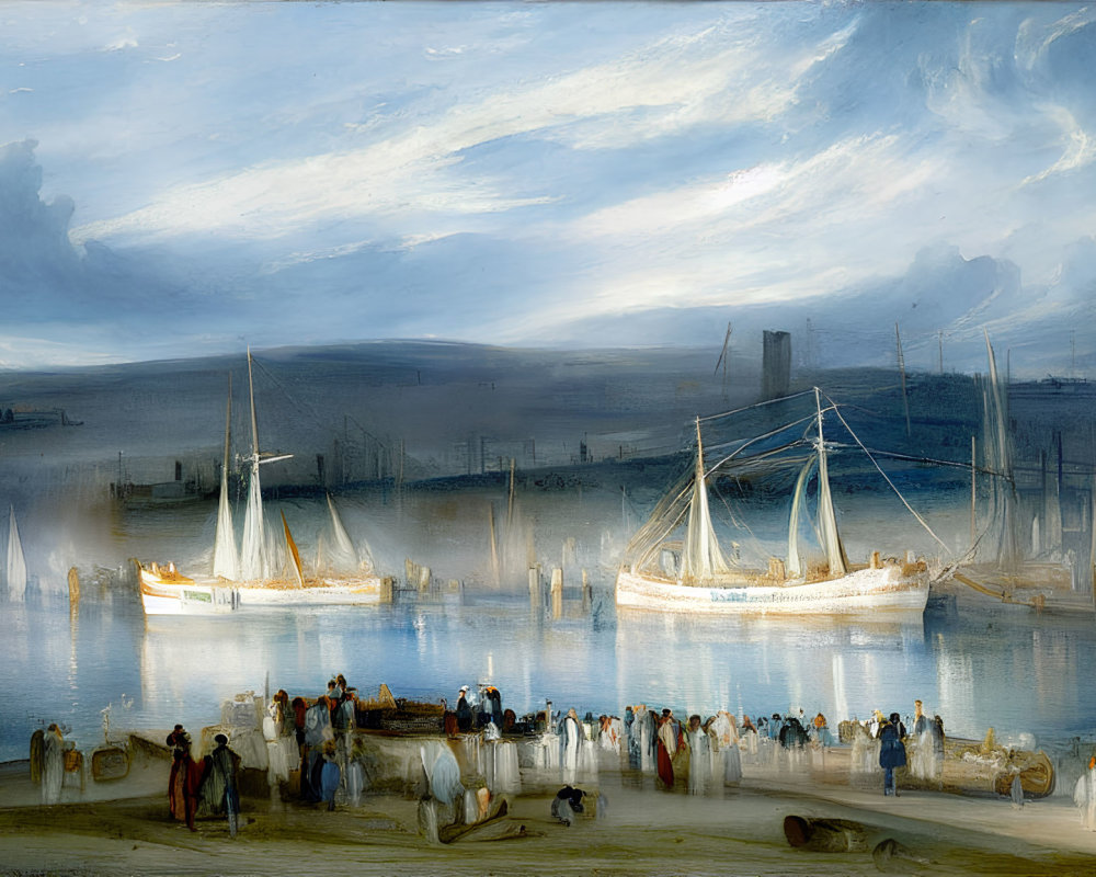 19th-Century Harbor Scene with Sailing Ships and Period Attire