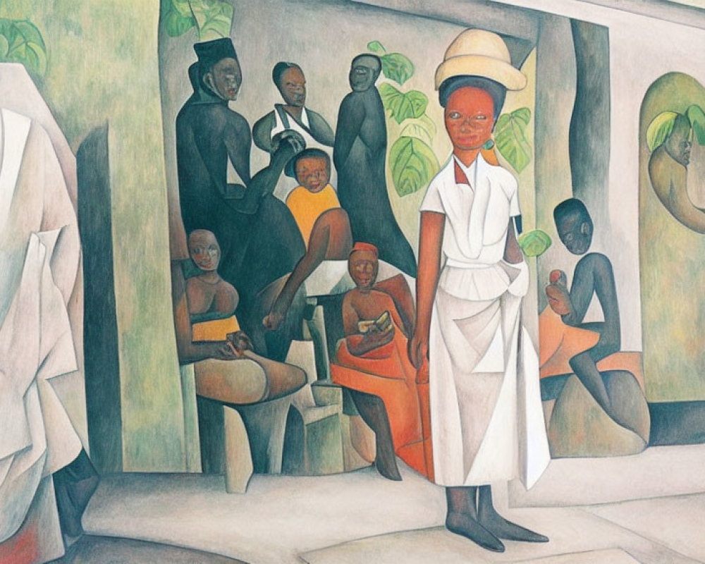 Vibrant painting of stylized figures in communal setting