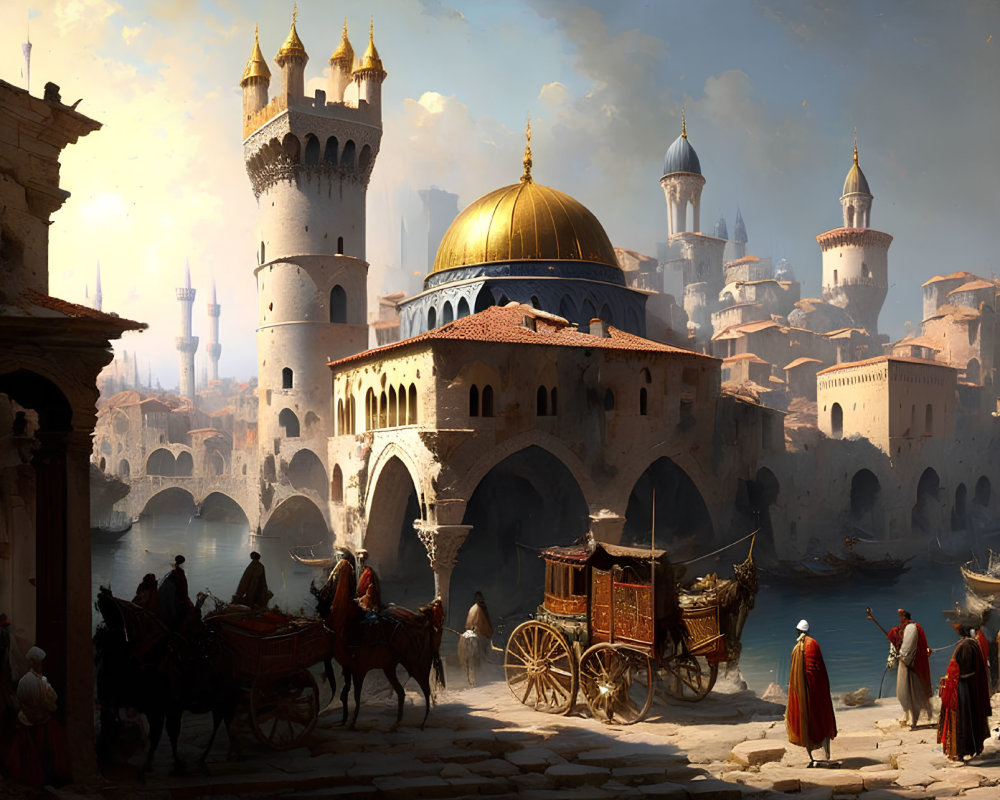 Fantasy cityscape with towering spires, domed structure, bridges, canal, boats, figures