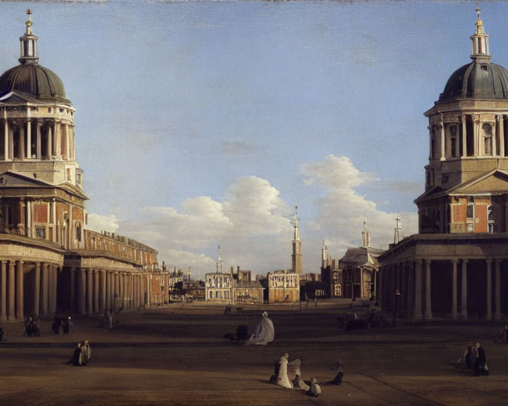 Classical painting of a spacious square with domed buildings and people in period clothing.